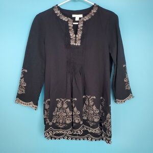 Charter Club Top Size XS Black Embroidered 3/4 Sleeve